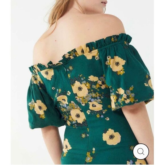 Urban Outfitters Floral Puff Sleeve Off The Shoulder Ruched Mini Dress Green 2 - Picture 2 of 11